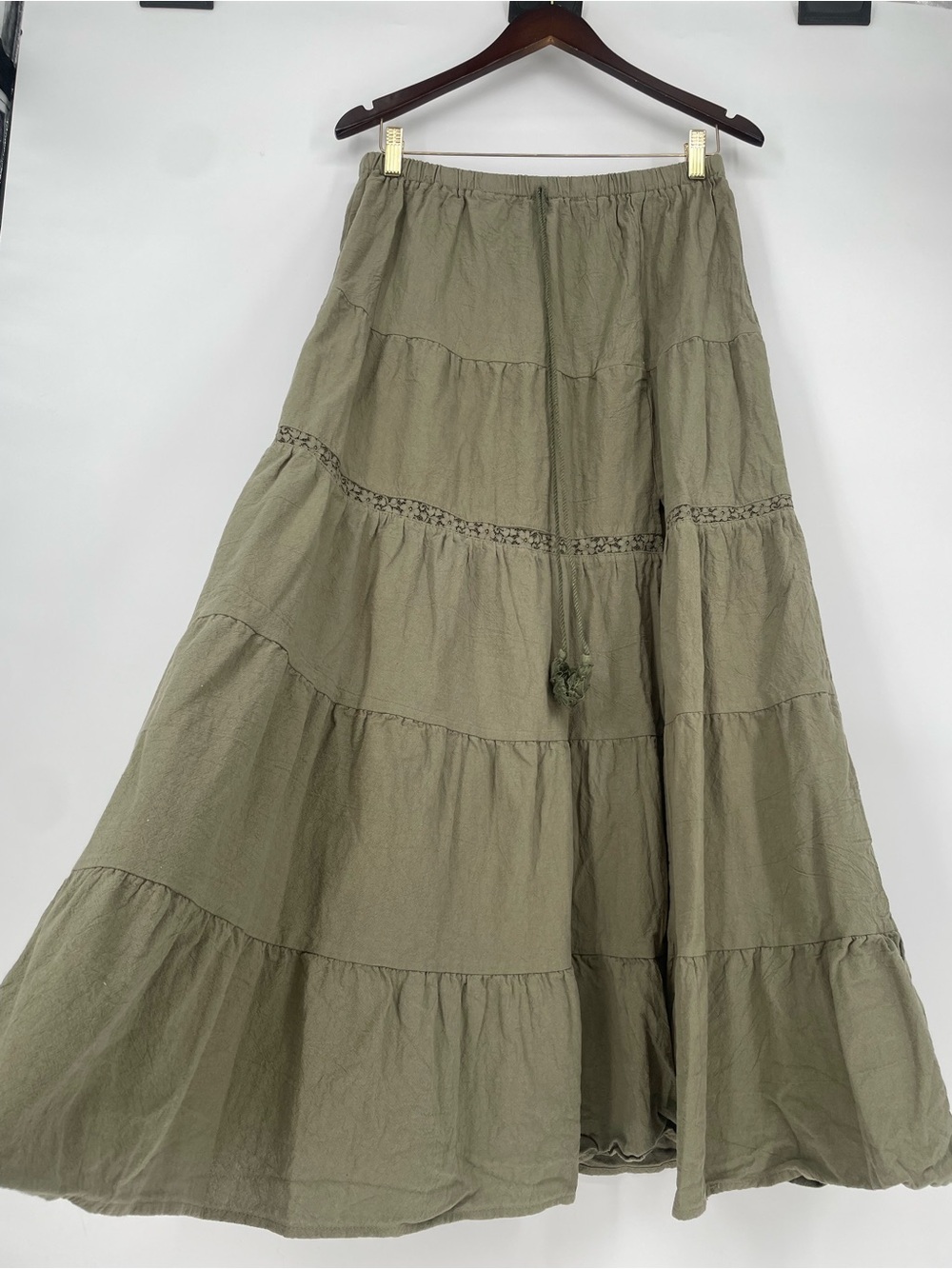 Muted Olive Green Tiered Gathered Bohemian Maxi Skirt 100% Cotton Front Slit